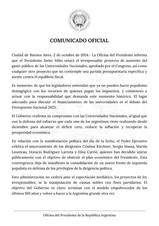 comunicado oficial de que se vetará la ley de Financiamiento Universitario